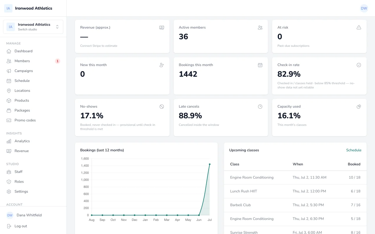 Owner dashboard: revenue, active members, and at-risk past-due flags