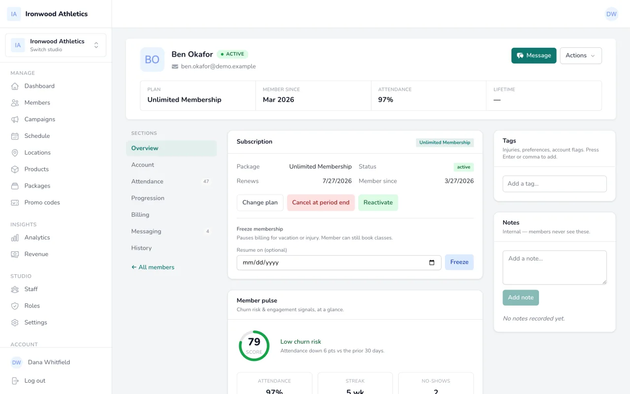 Member 360: attendance history, strikes, and at-risk signals
