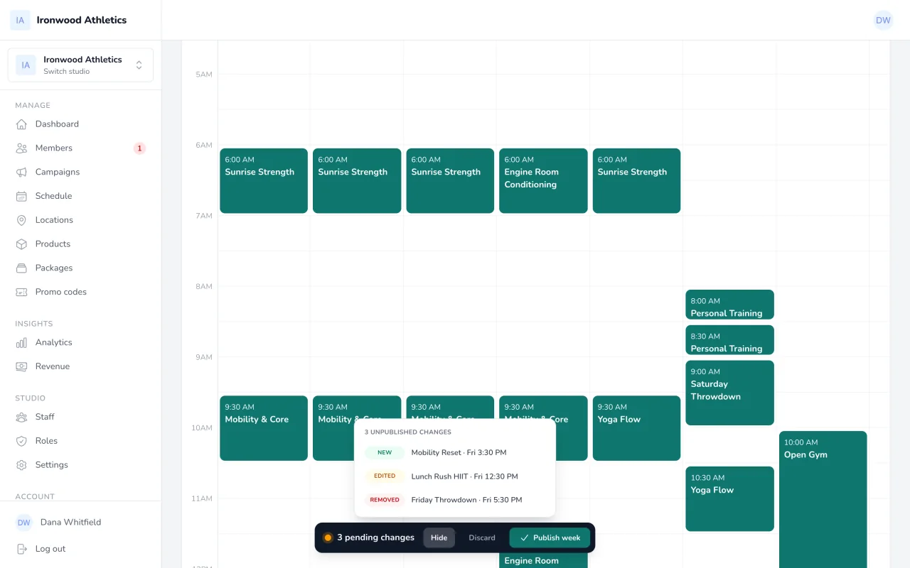 Schedule builder with pending draft changes and a publish review