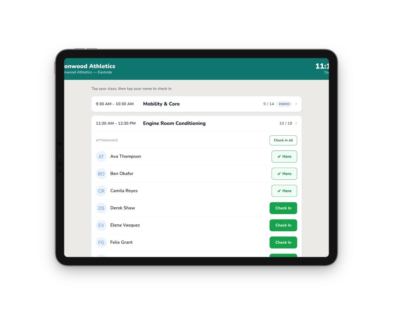 Kiosk check-in roster on a mounted tablet