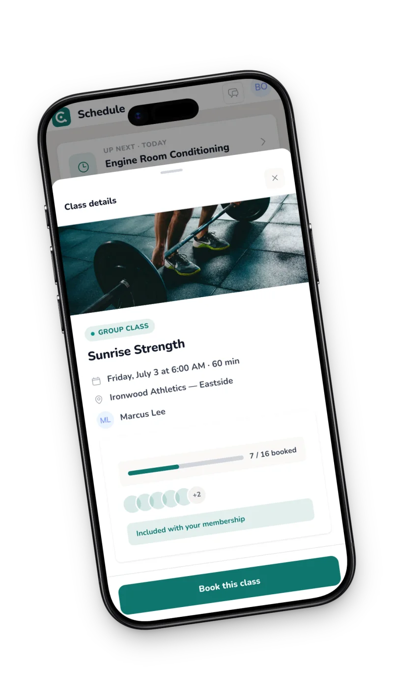 Class detail with capacity and one-tap booking